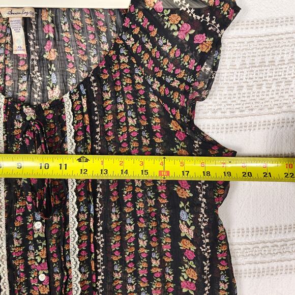 American Rag Vintage Sheer Black Floral Rose Top Size XL Boho - Picture 4 of 8